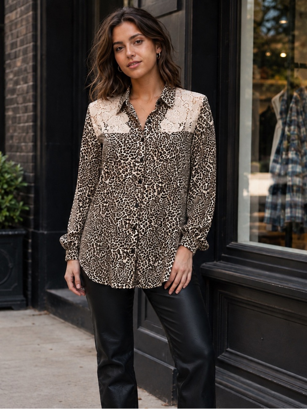 IZ Byer Juniors Large Leopard Print Lace Yoke Button-Down Blouse